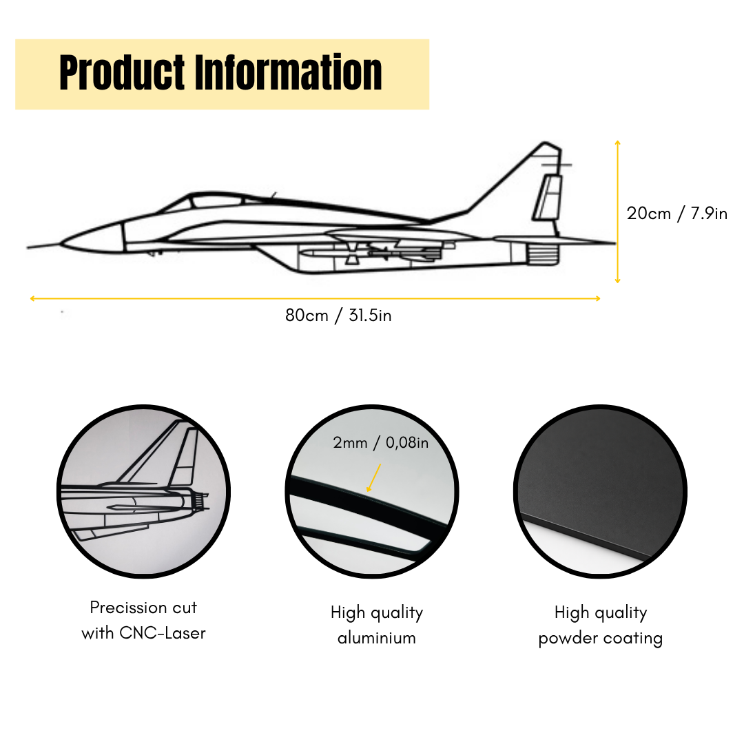 Mig-29 Kampfjet Metall Wandbild 3D – Flugzeug Wanddeko aus Metall
